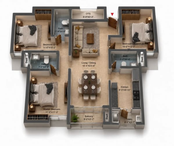 3 BHK Apartment floor plan — DRA Harmony