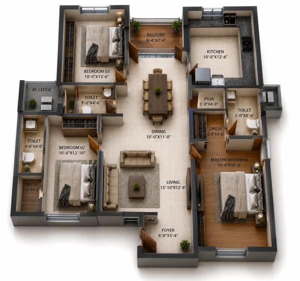 3 BHK Apartment floor plan — DRA Marina 100