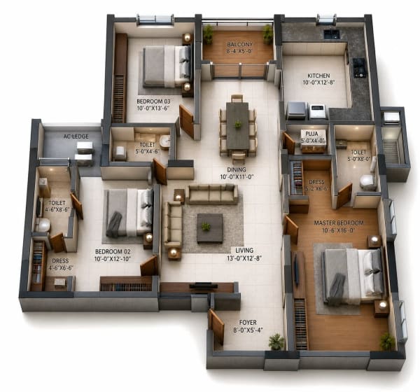 3 BHK Apartment floor plan — DRA Marina 100