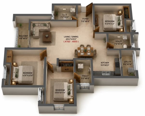 3 BHK Apartment floor plan — Malles Adhika