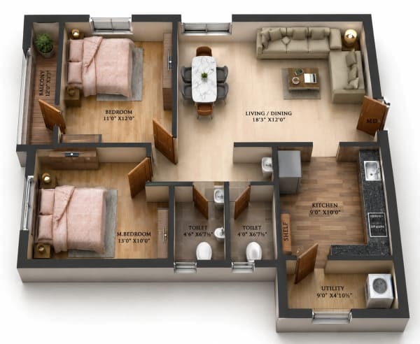 2 BHK Apartment floor plan
