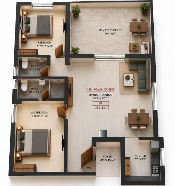 2 BHK Apartment floor plan