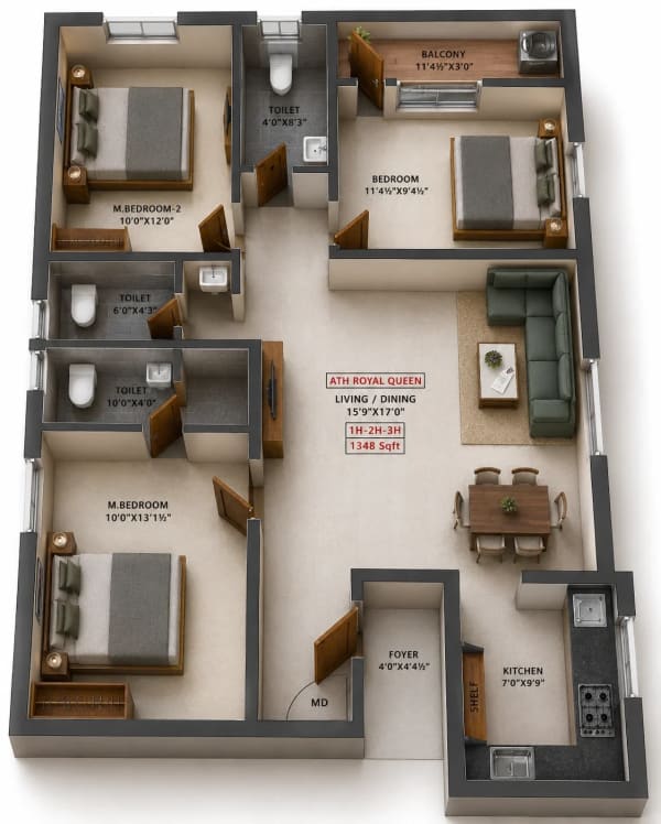 3 BHK Apartment floor plan — ATH Royal Queen