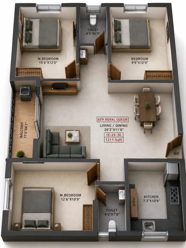 3 BHK Apartment floor plan — ATH Royal Queen