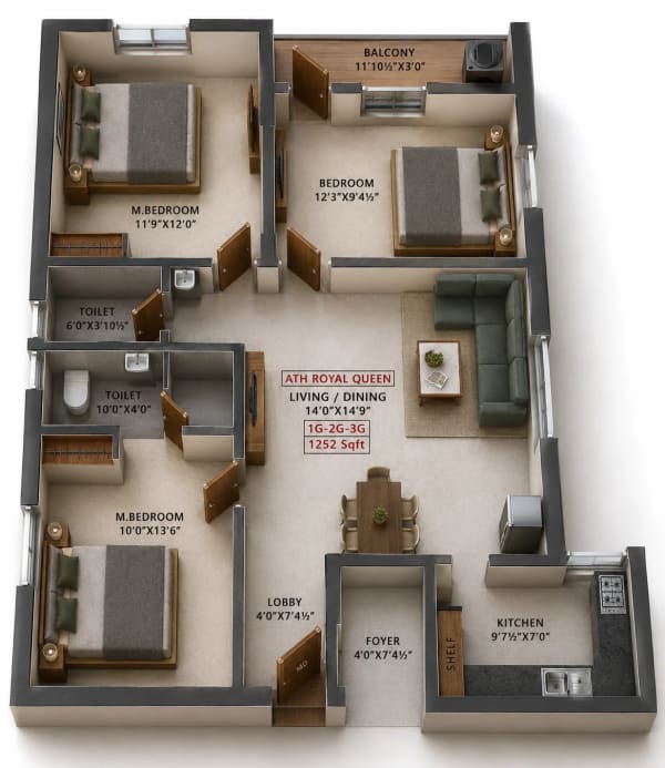 3 BHK Apartment floor plan — ATH Royal Queen