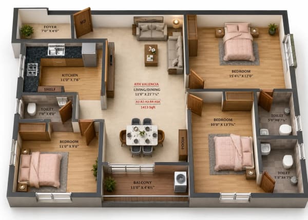 3 BHK Apartment floor plan — ATH Valencia