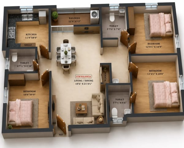 3 BHK Apartment floor plan — ATH Valencia