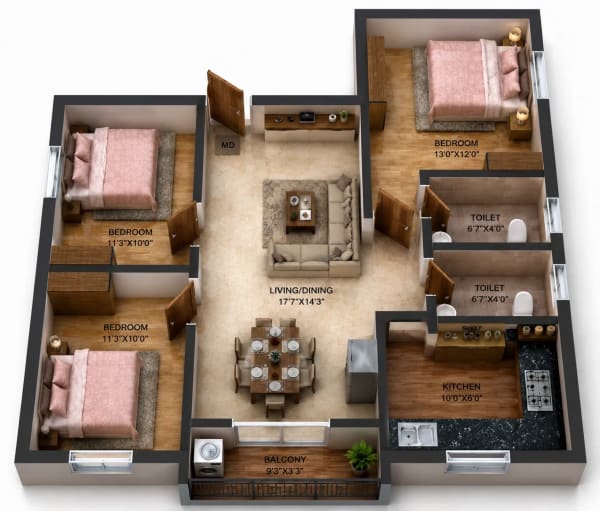 3 BHK Apartment floor plan — ATH Merlion