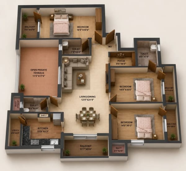 3 BHK Apartment floor plan — ATH Classic