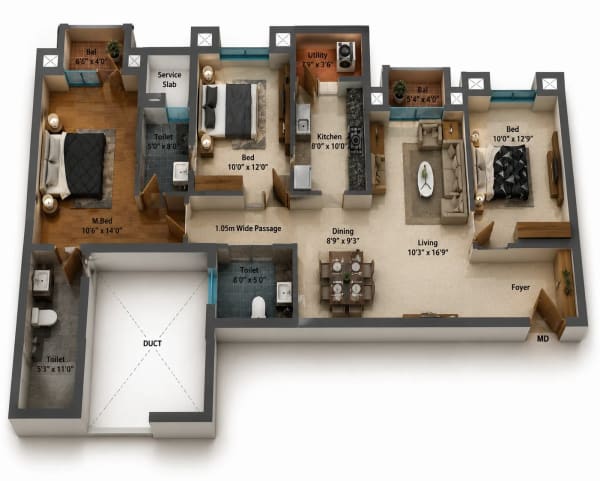 3 BHK Apartment floor plan — SIS Florence