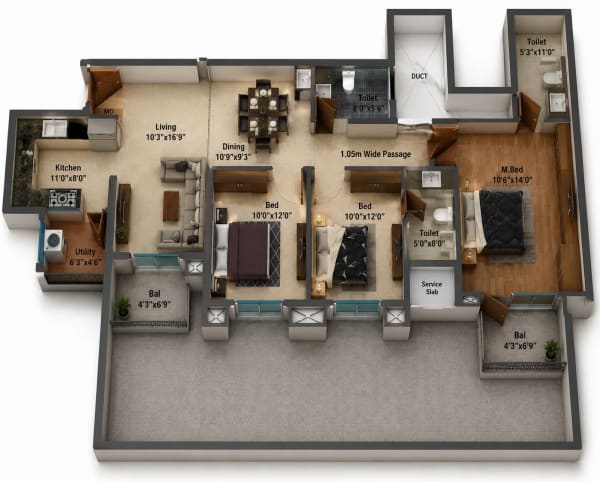 3 BHK Apartment floor plan — SIS Florence