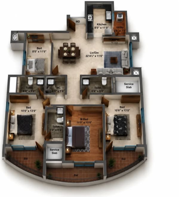 4 BHK Apartment floor plan — SIS Florence