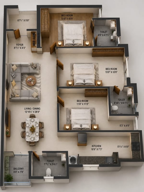 3 BHK Apartment floor plan