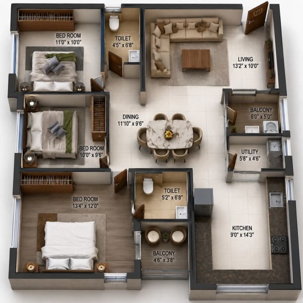 3 BHK Apartment floor plan — Harmony Navrang	