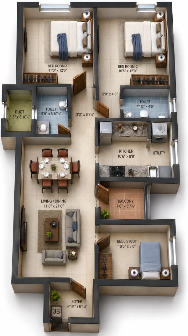3 BHK Apartment floor plan — Harmony Blossoms