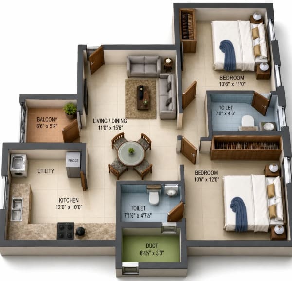 2 BHK Apartment floor plan