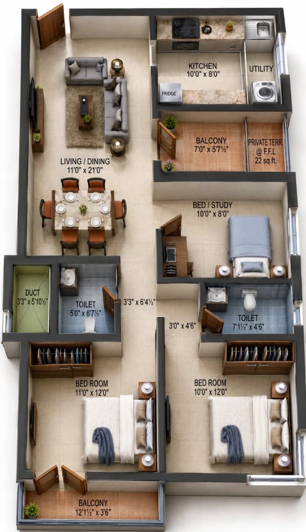 3 BHK Apartment floor plan — Harmony Blossoms