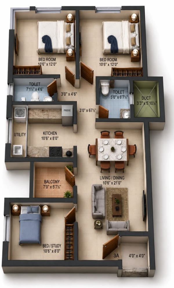 3 BHK Apartment floor plan — Harmony Blossoms