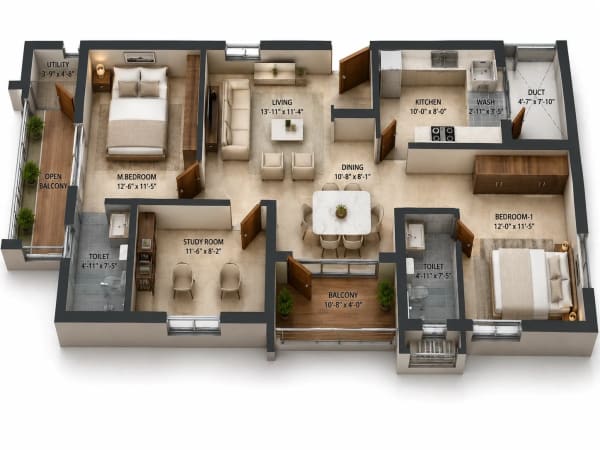 2 BHK Apartment floor plan