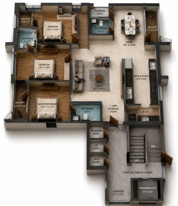 3 BHK Apartment floor plan — Silversky Megh Aarika