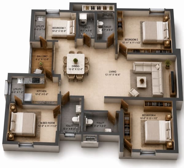 3 BHK Apartment floor plan