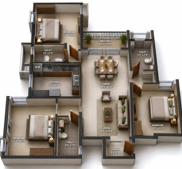3 BHK Apartment floor plan — Sidharth Crown