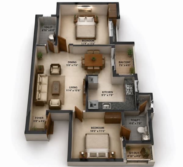 2 BHK Apartment floor plan