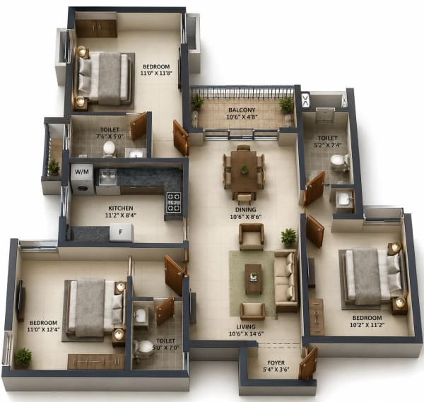 3 BHK Apartment floor plan — Sidharth Crown
