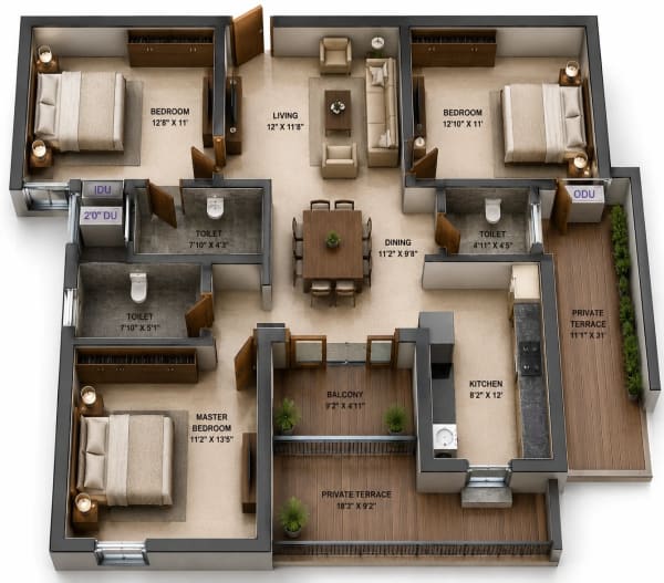 3 BHK Apartment floor plan — Sidharth Square