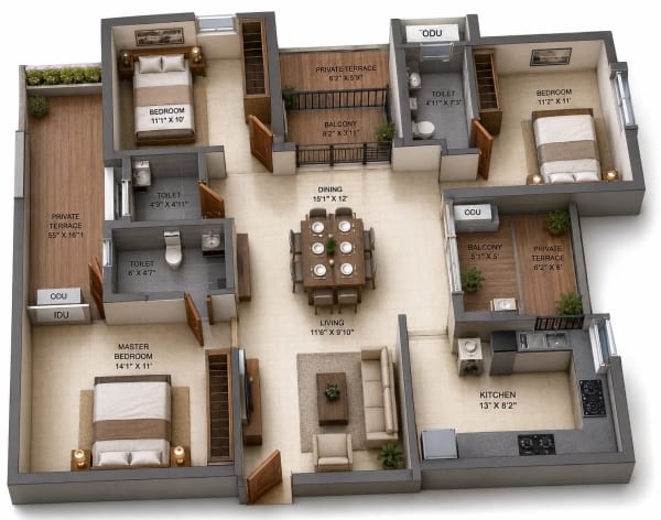 3 BHK Apartment floor plan — Sidharth Square