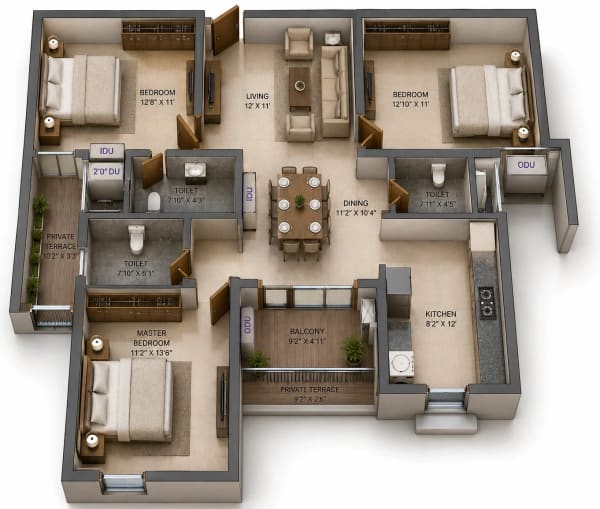 3 BHK Apartment floor plan — Sidharth Square
