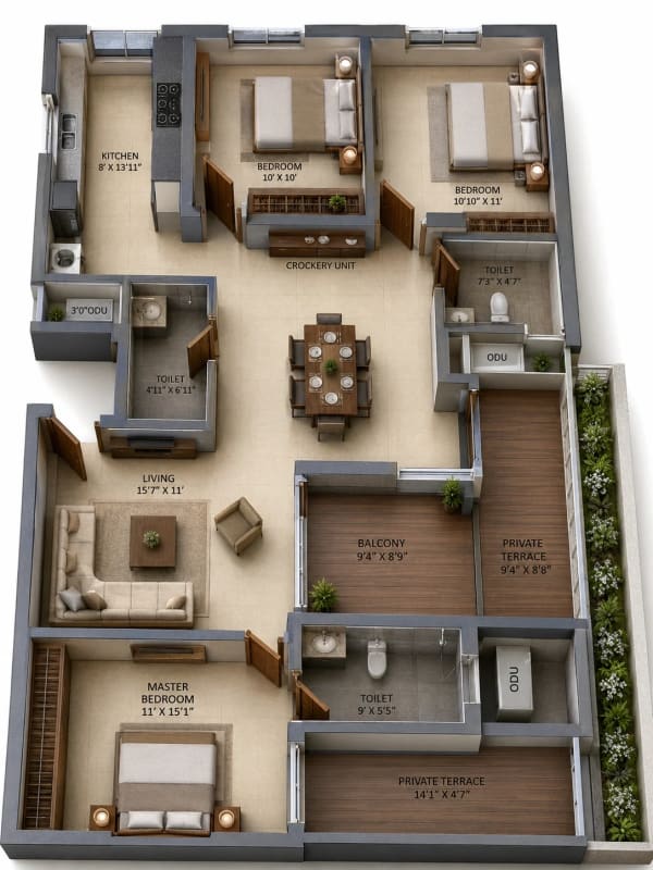 3 BHK Apartment floor plan — Sidharth Square