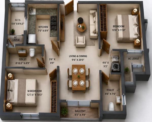 2 BHK Apartment floor plan