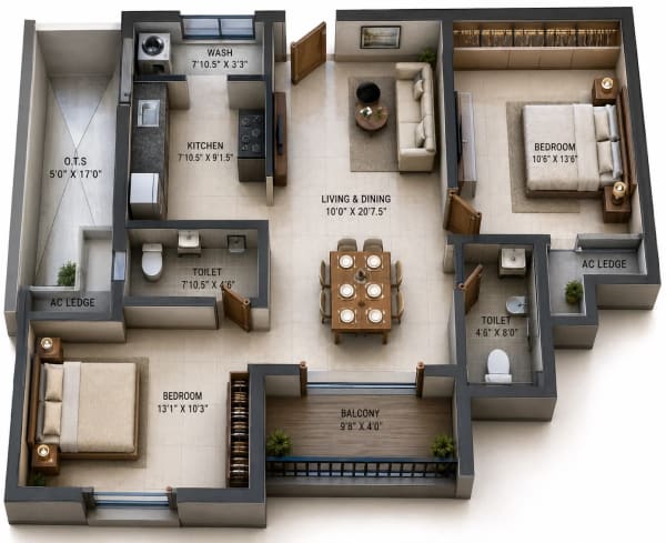 2 BHK Apartment floor plan