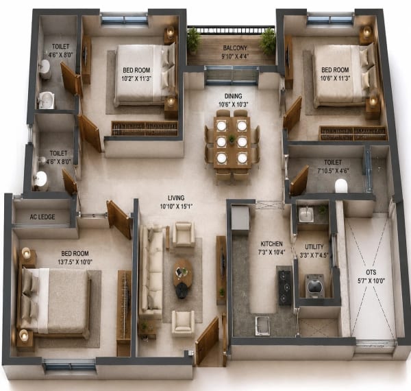 3 BHK Apartment floor plan — Ruby Courtyard