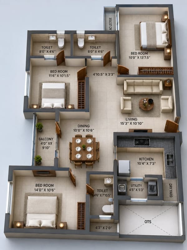 3 BHK Apartment floor plan — Ruby Courtyard