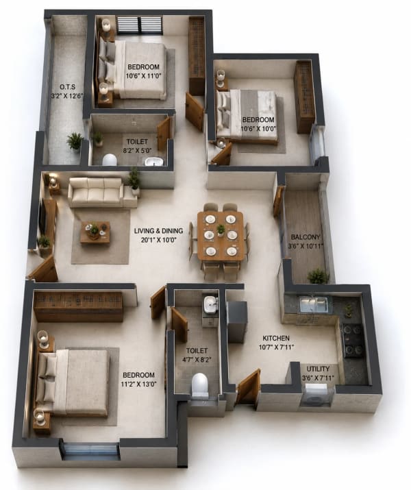3 BHK Apartment floor plan — Ruby Courtyard
