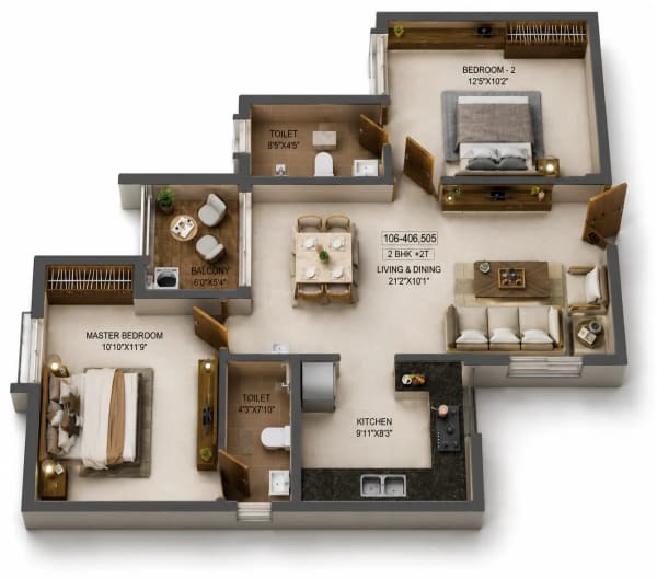 2 BHK Apartment floor plan