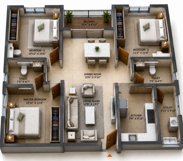 3 BHK Apartment floor plan — RLD Evita