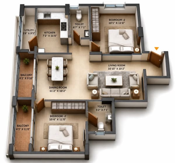 2 BHK Apartment floor plan