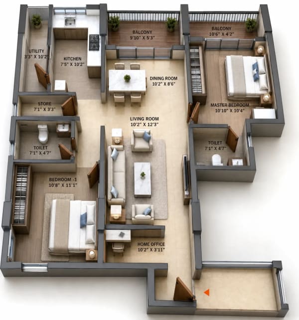 2 BHK Apartment floor plan