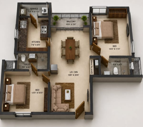 2 BHK Apartment floor plan — S&P Courtyard