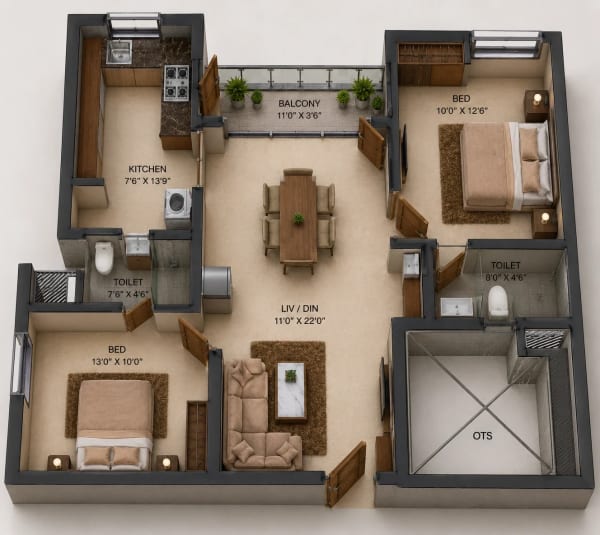 2 BHK Apartment floor plan — S&P Courtyard
