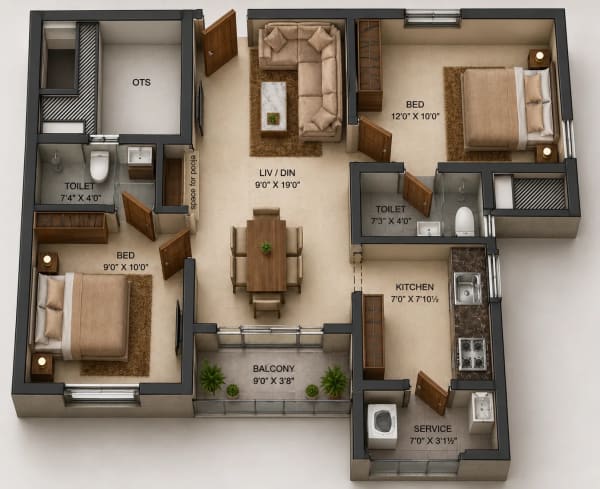 2 BHK Apartment floor plan — S&P Courtyard
