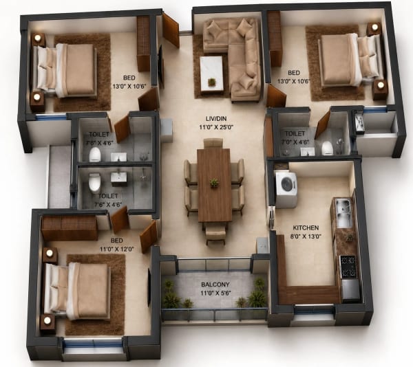 3 BHK Apartment floor plan — S&P Courtyard