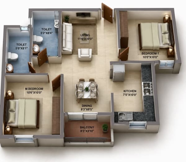 2 BHK Apartment floor plan