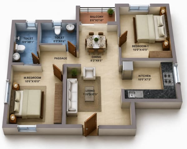 2 BHK Apartment floor plan