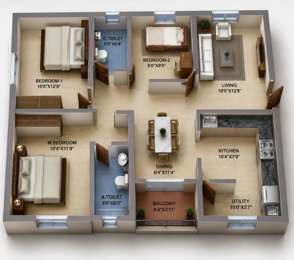 3 BHK Apartment floor plan — BSCPL Bollineni Renata Tower B