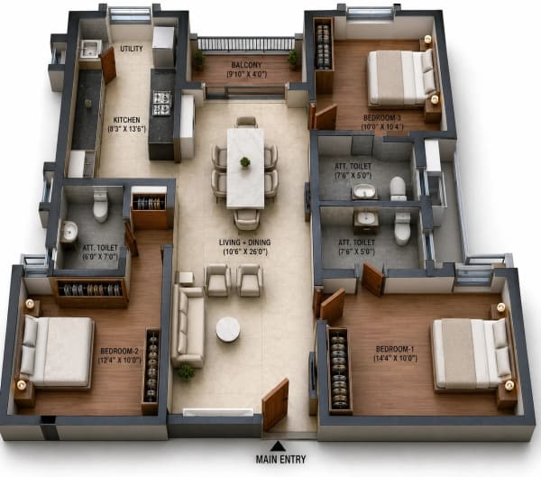 3 BHK Apartment floor plan — Tulive Azpire
