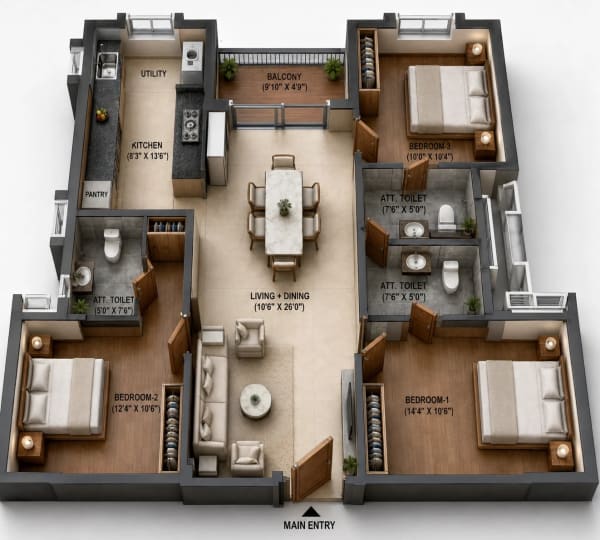 3 BHK Apartment floor plan — Tulive Azpire